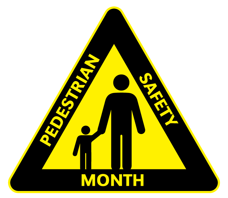 Black and Yellow logo with a graphic of two individuals and the words Pedestrian Safety Month