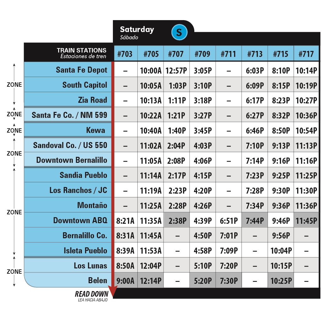 Rail Runner Saturday Southbound Schedule Effective 10-7-24