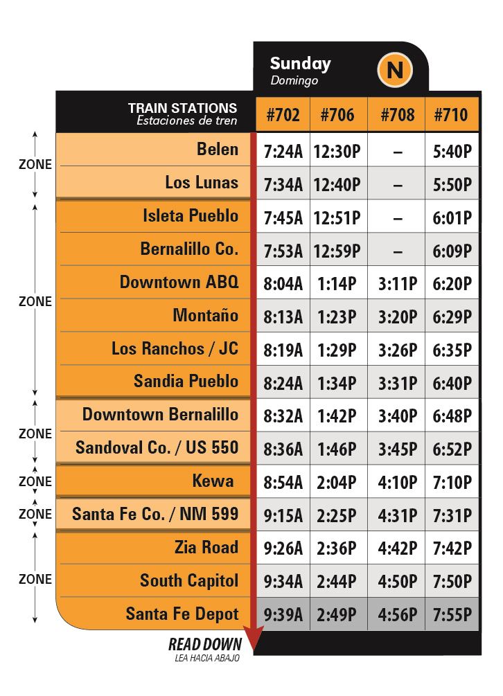 Rail Runner Sunday Northbound Schedule Effective 10-7-24