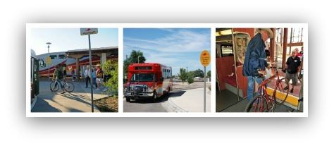 A collage of photos showing bicycles boarding the bus