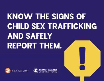 Quote reading "Know the signs of child sex trafficking and safely report them." Opens in new window