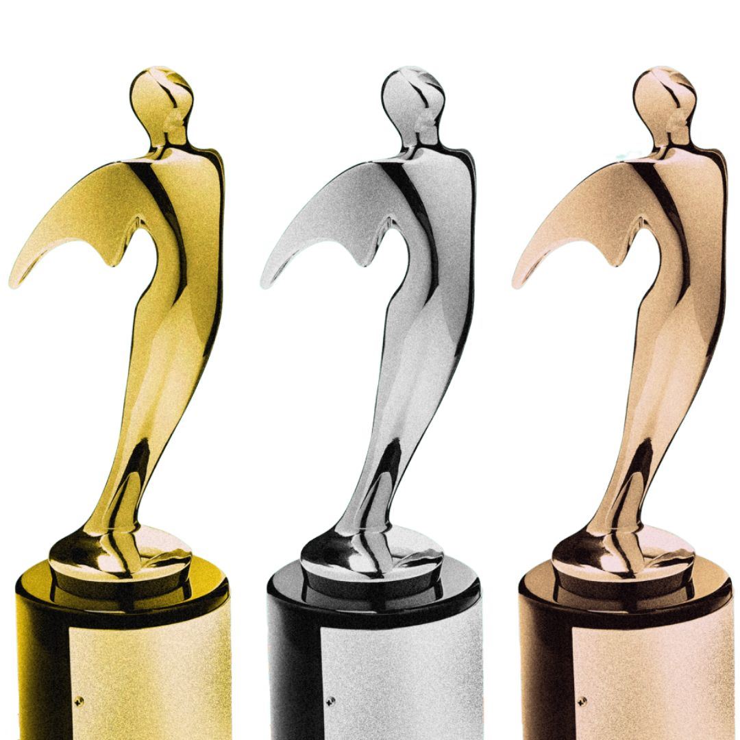 Picture of three Telly Awards in gold bronze and silver