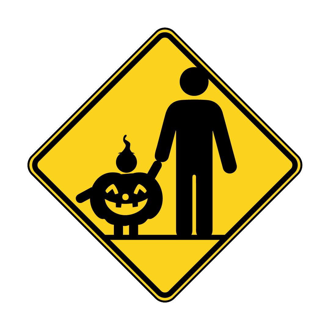 Yellow and black safety sign with a child and adult holding hands