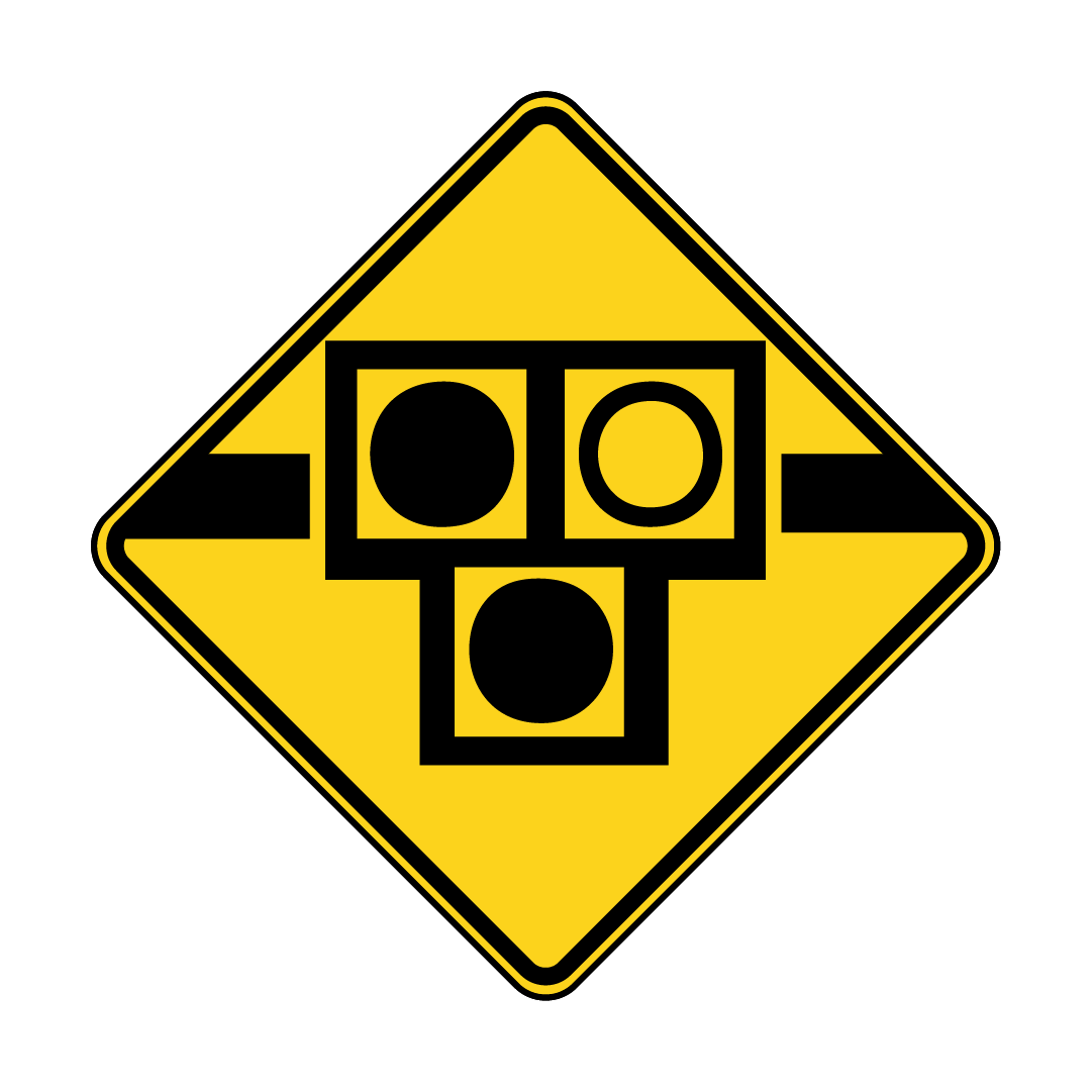 Yellow and black safety icon with a image of a HAWK signal light