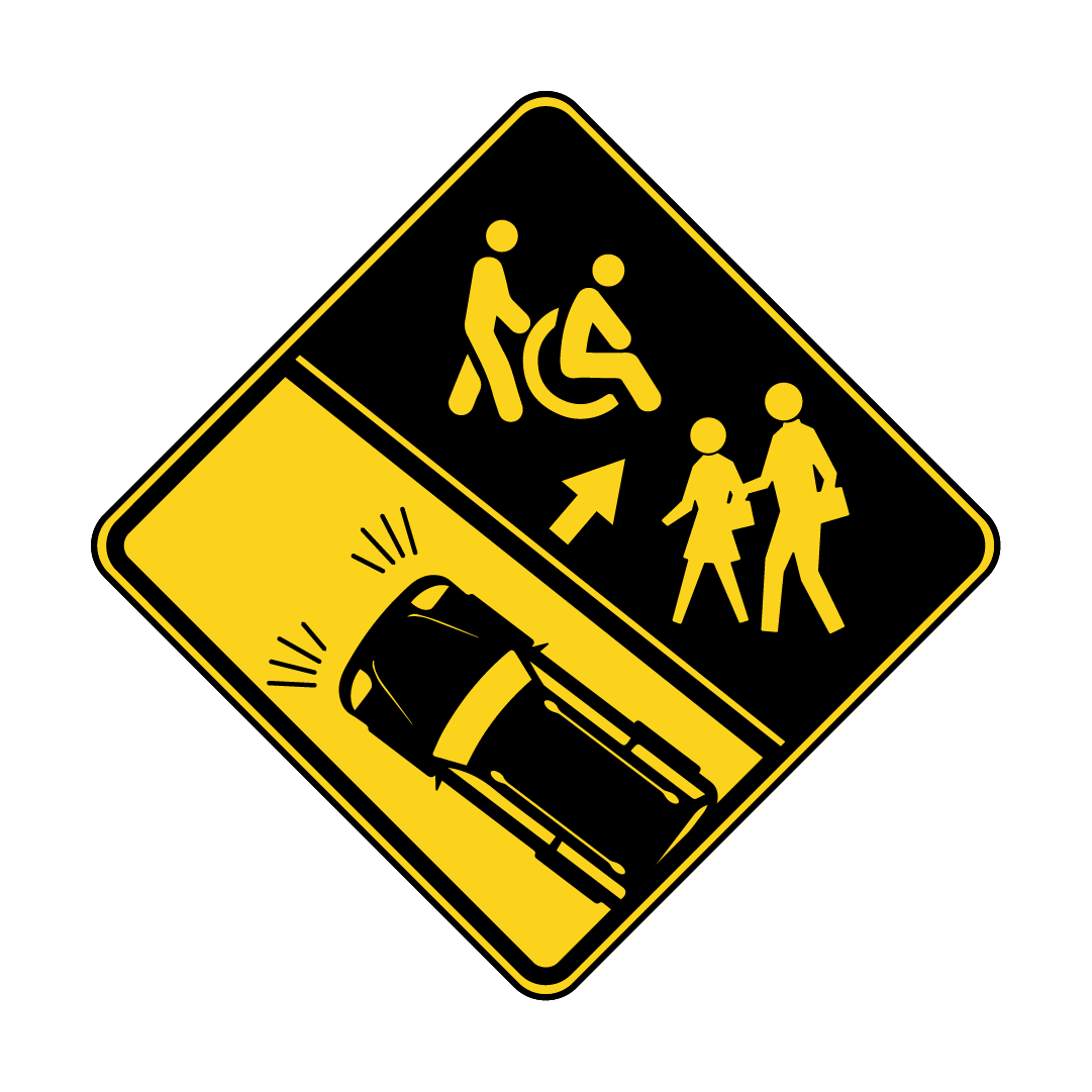 Yellow and black safety icon with an image of a car with headlights on