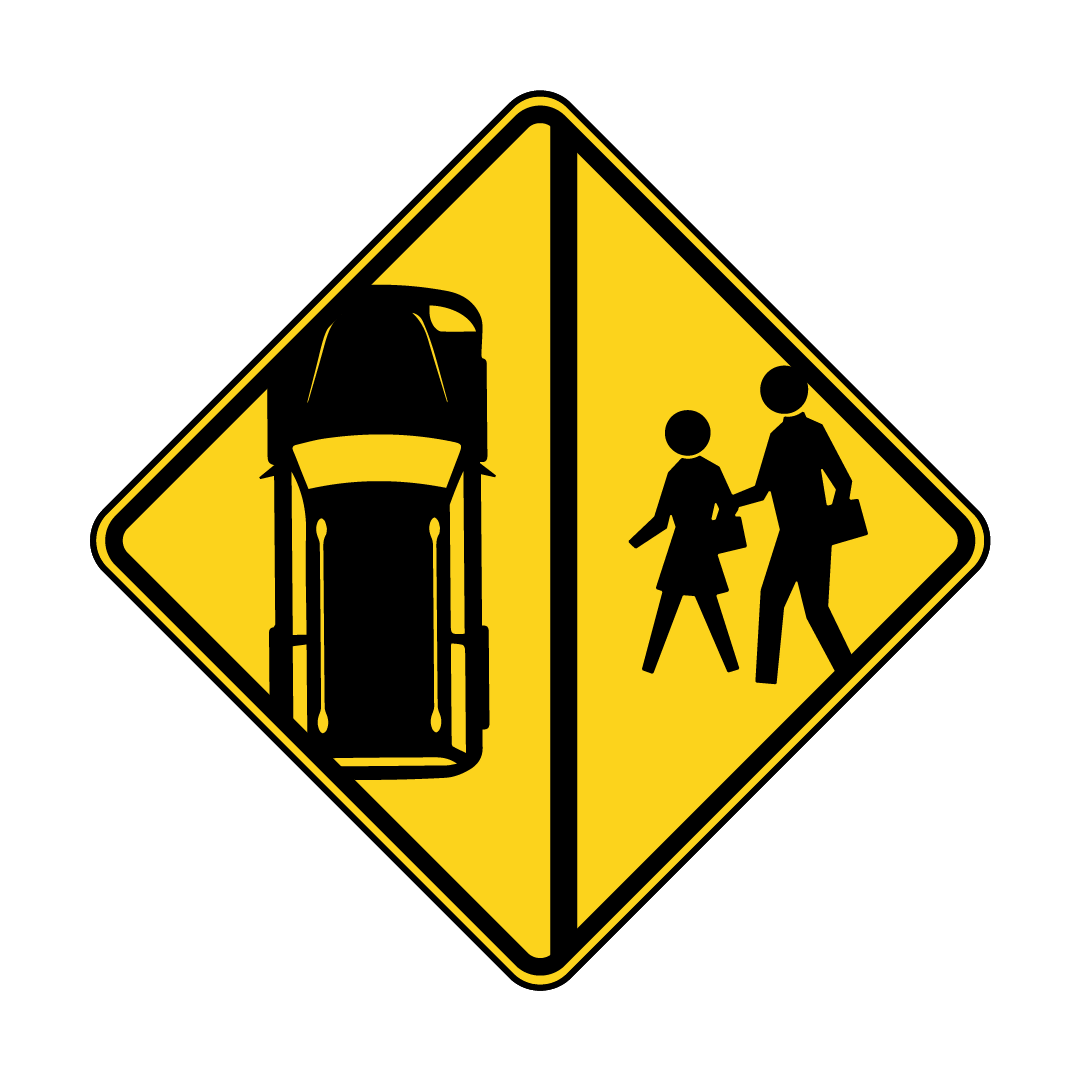 Yellow and black safety graphic with an image of people walking on a sidewalk